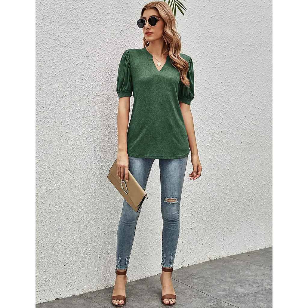 Romanstii Women Casual V-neck T-Shirts Loose Puff Short