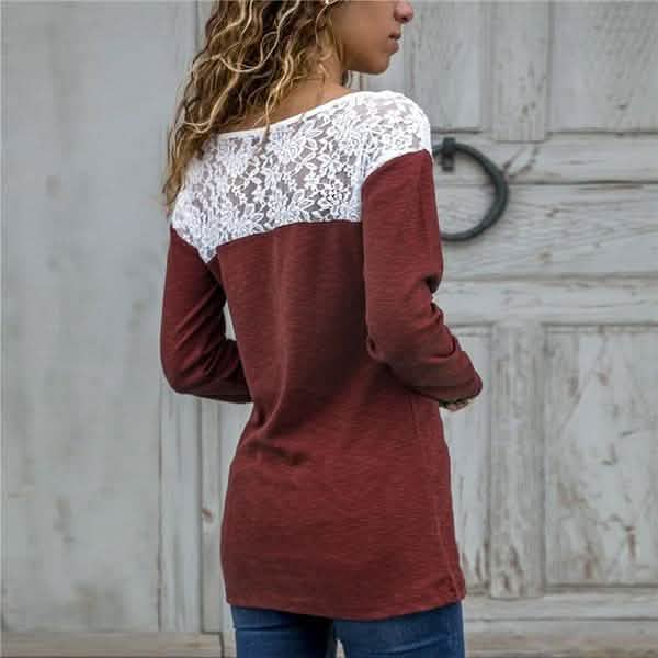 Women Round Neck Sexy Lace Casual Long-Sleeved Top