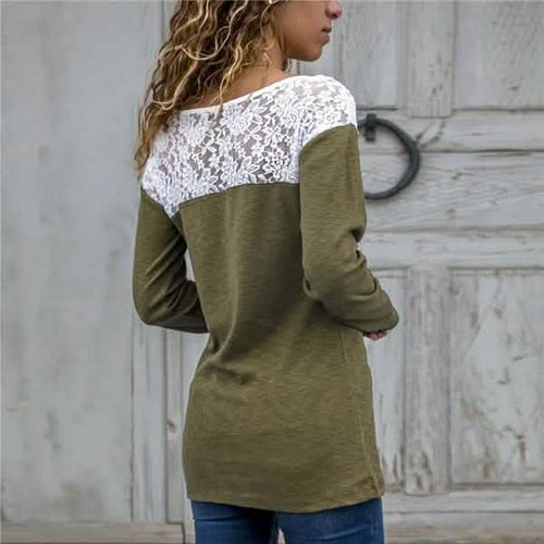 Women Round Neck Sexy Lace Casual Long-Sleeved Top