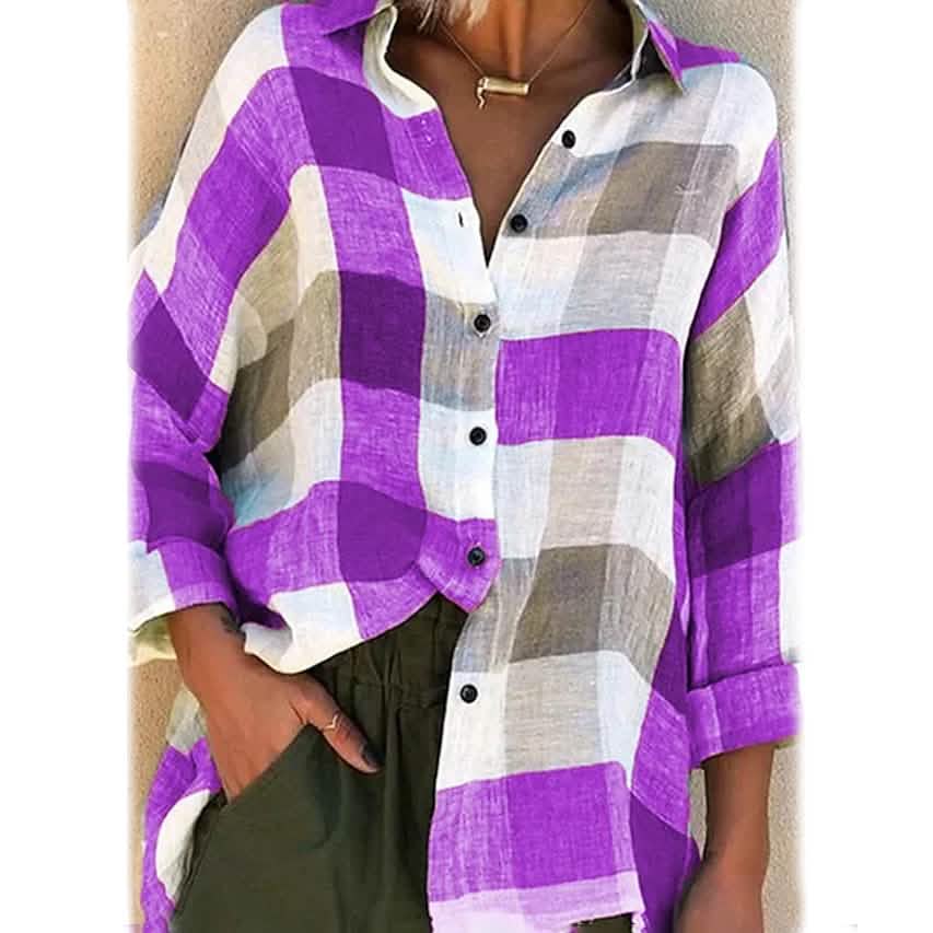 Women's Basic Loose Checkered Long Sleeve Shirt