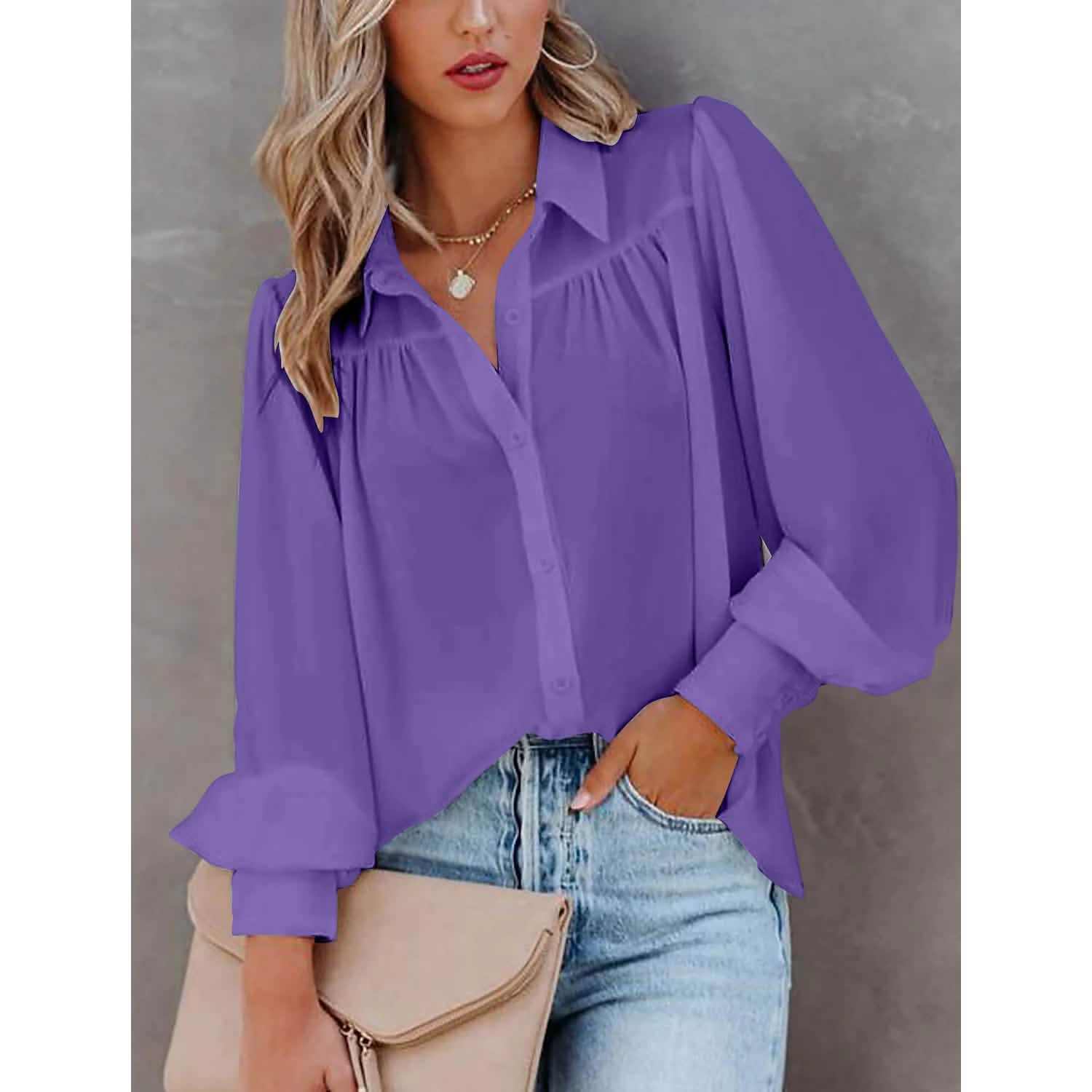 Womens Blouse Shirt Plain Button Long Sleeve