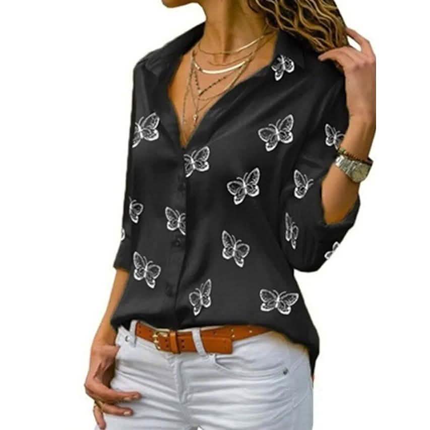 Women's Butterfly Long Sleeve Print Shirt Collar Basic Tops