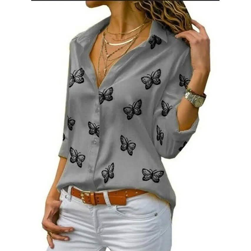 Women's Butterfly Long Sleeve Print Shirt Collar Basic Tops