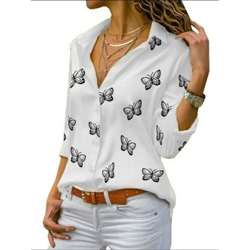 Women's Butterfly Long Sleeve Print Shirt Collar Basic Tops