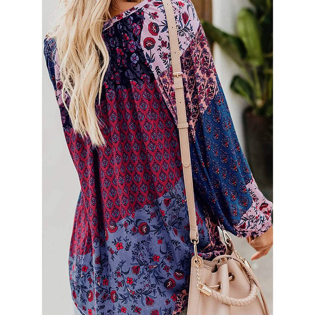 Women's Casual Boho Floral Print V Neck Long Sleeve Shirts Tops