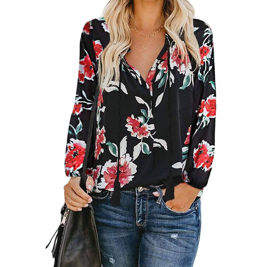 Women's Casual Boho Floral Print V Neck Long Sleeve Shirts Tops