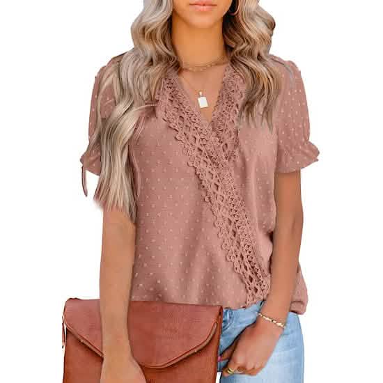 Women's Casual Lace Pom Pom V Neck Chiffon Short Sleeve Top