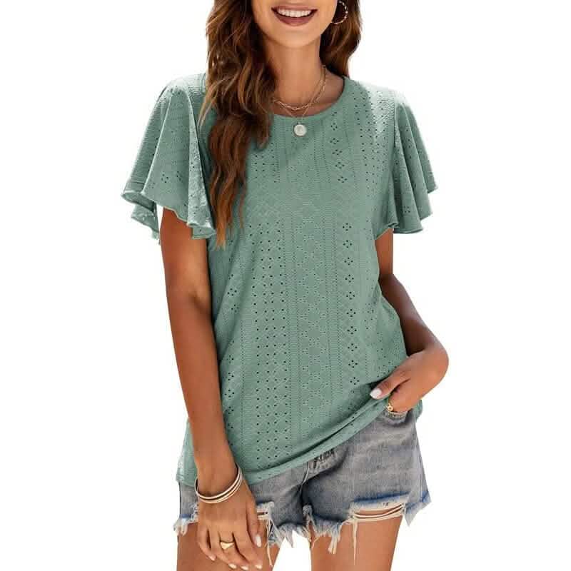 Womens Casual T-Shirts Summer Crew Neck Ruffle Sleeve Tees Tunic Tops