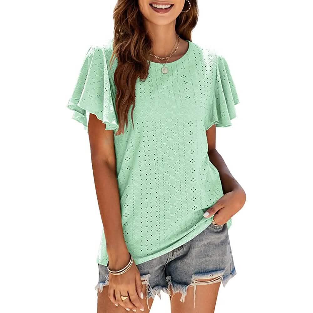 Womens Casual T-Shirts Summer Crew Neck Ruffle Sleeve Tees Tunic Tops