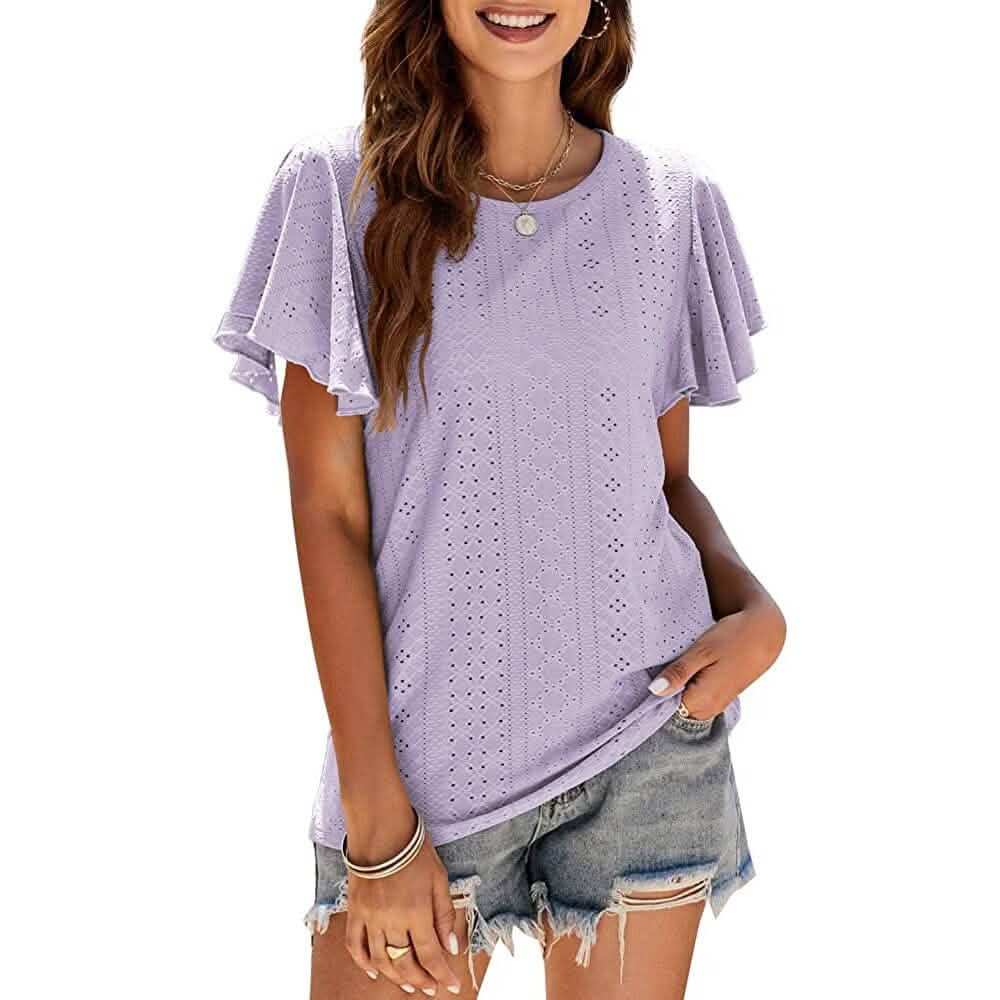 Womens Casual T-Shirts Summer Crew Neck Ruffle Sleeve Tees Tunic Tops