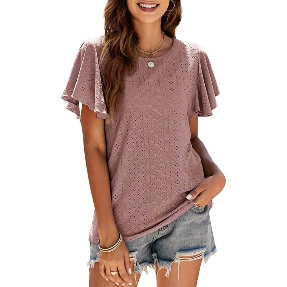 Womens Casual T-Shirts Summer Crew Neck Ruffle Sleeve Tees Tunic Tops