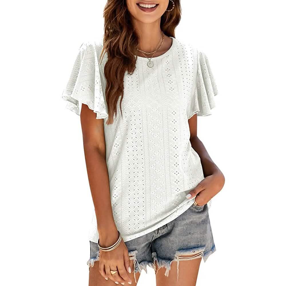 Womens Casual T-Shirts Summer Crew Neck Ruffle Sleeve Tees Tunic Tops