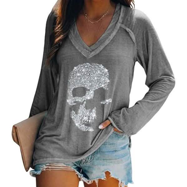 Women's Loose Skull Printed Long Sleeved V-neck Shirts Cotton Tops