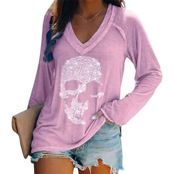 Women's Loose Skull Printed Long Sleeved V-neck Shirts Cotton Tops