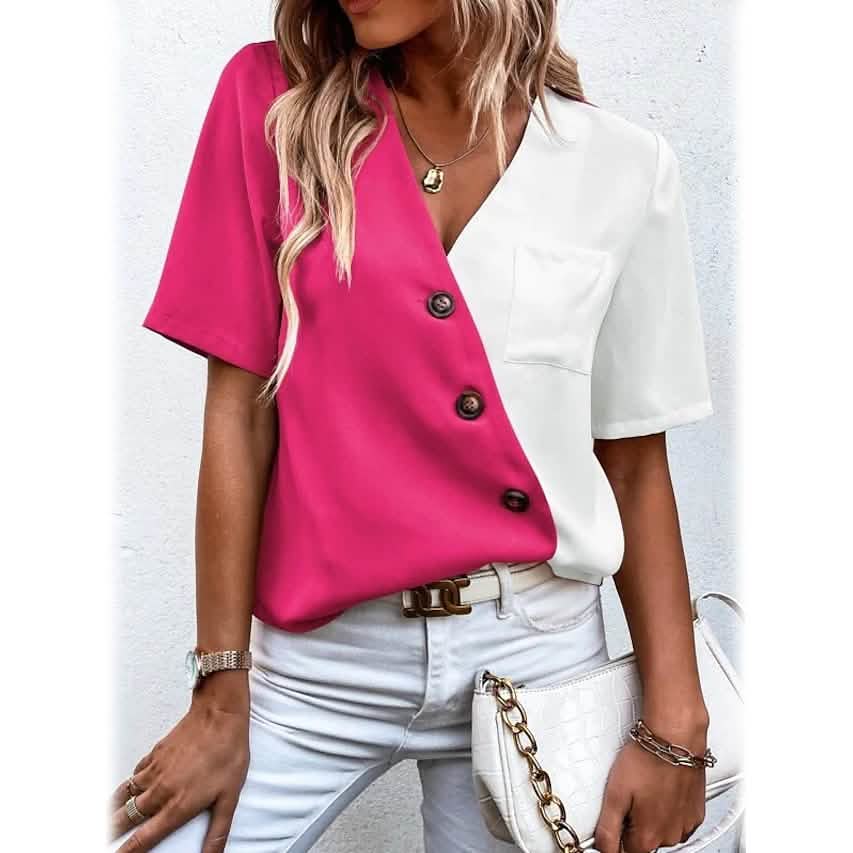 Women's Pocket Button V-Neck Short Sleeve Shirt