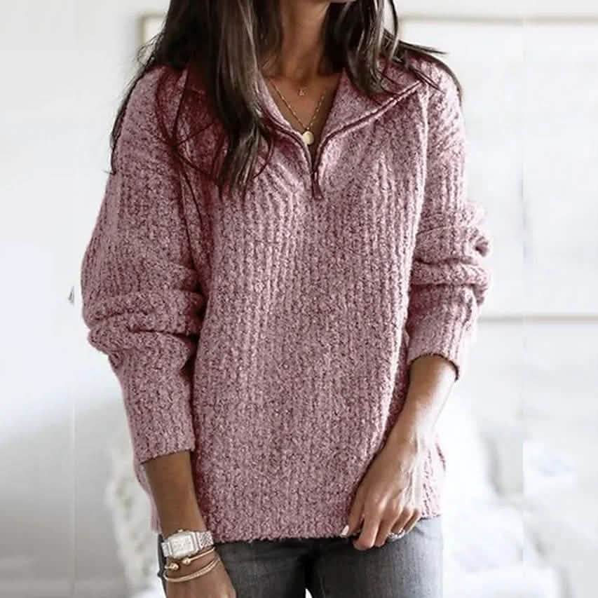 Women's Pullover Sweater Zipper Solid Color Basic Casual Long Sleeve Sweater Cardigans