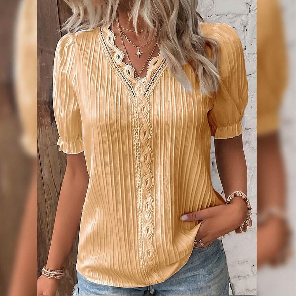 Women's Shirt Blouse Plain Lace Short Sleeve Casual Basic V Neck
