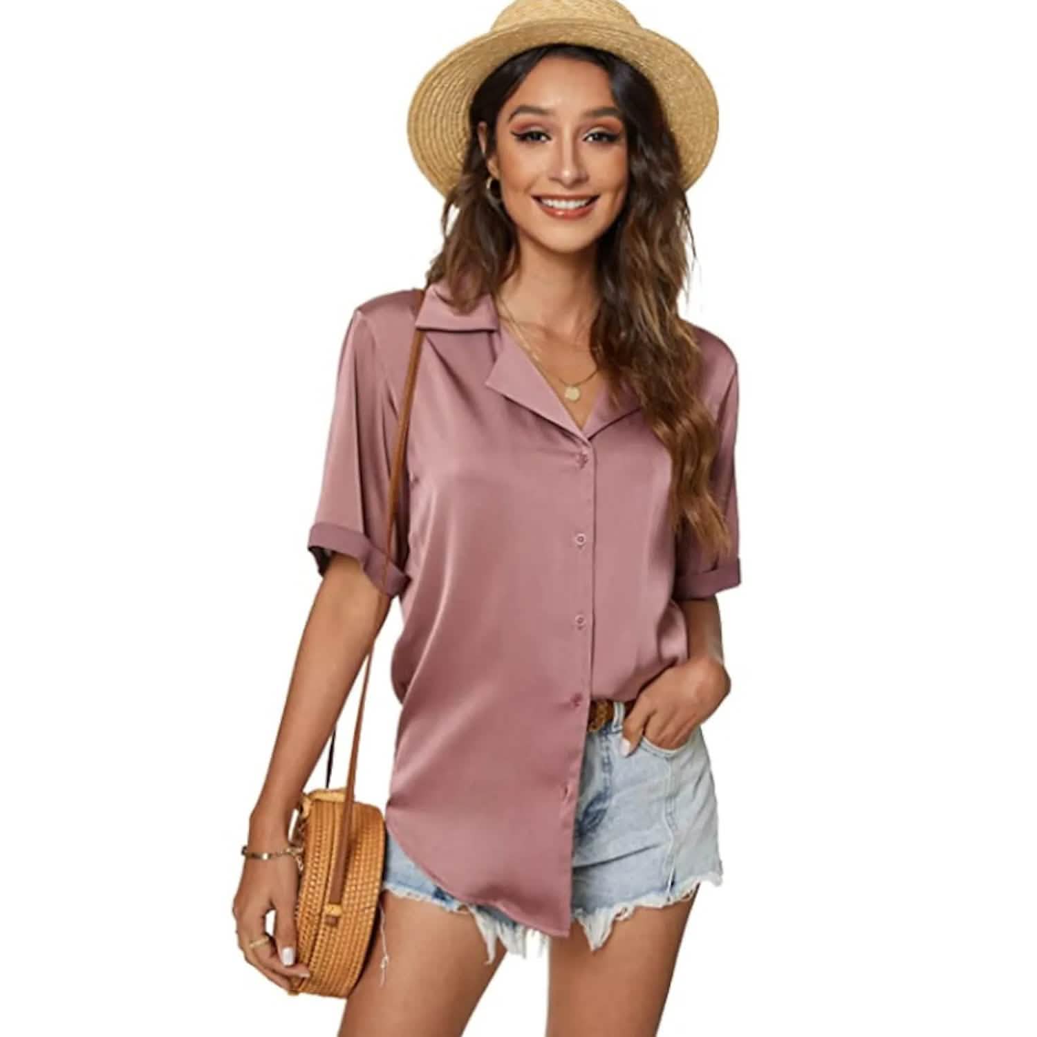 Women's Short Sleeve Casual Satin Button Down Shirt