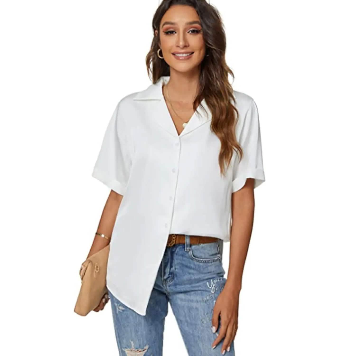 Women's Short Sleeve Casual Satin Button Down Shirt