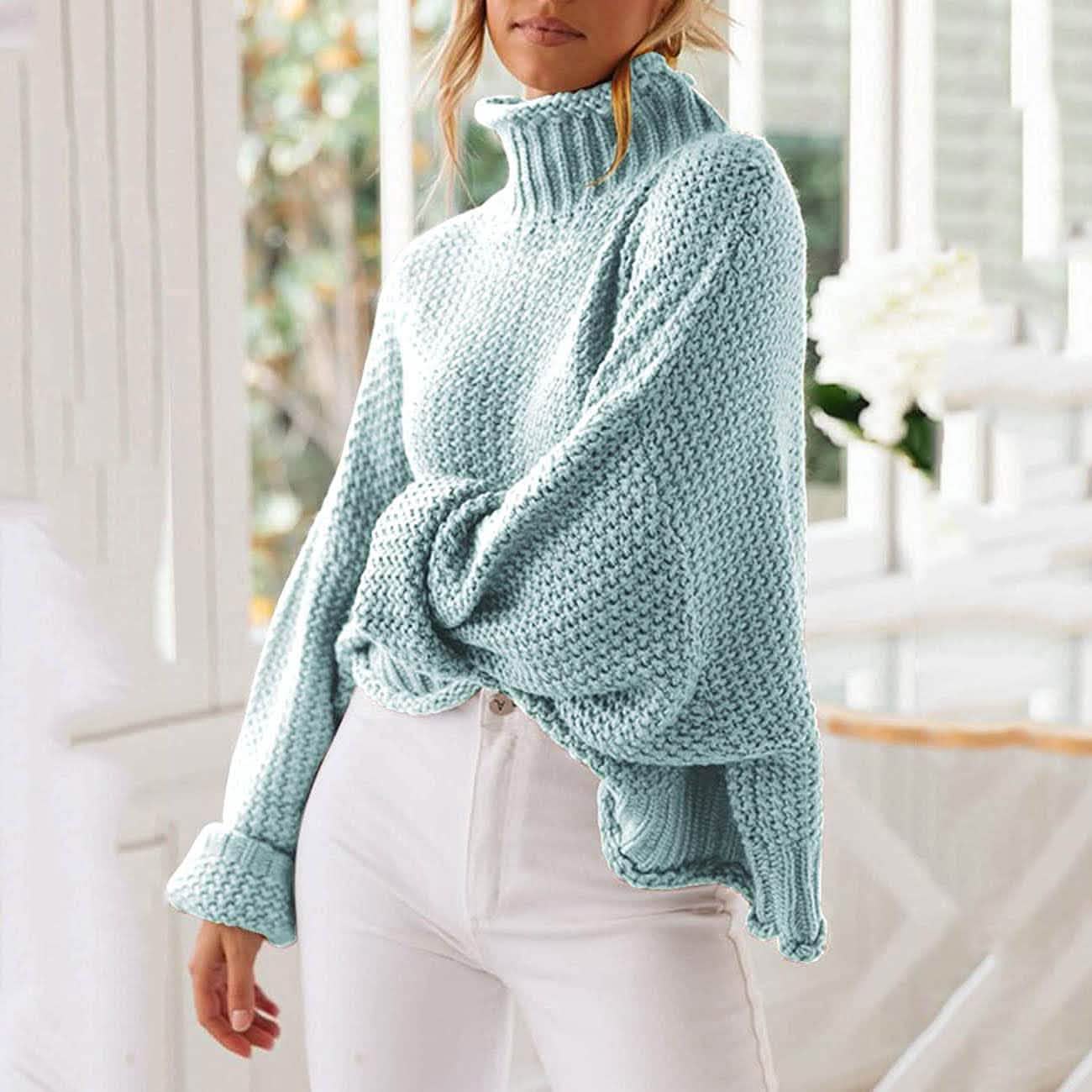 Women's Turtleneck Batwing Sleeve Loose Oversized Chunky Knitted Pullover Sweater Jumper Tops